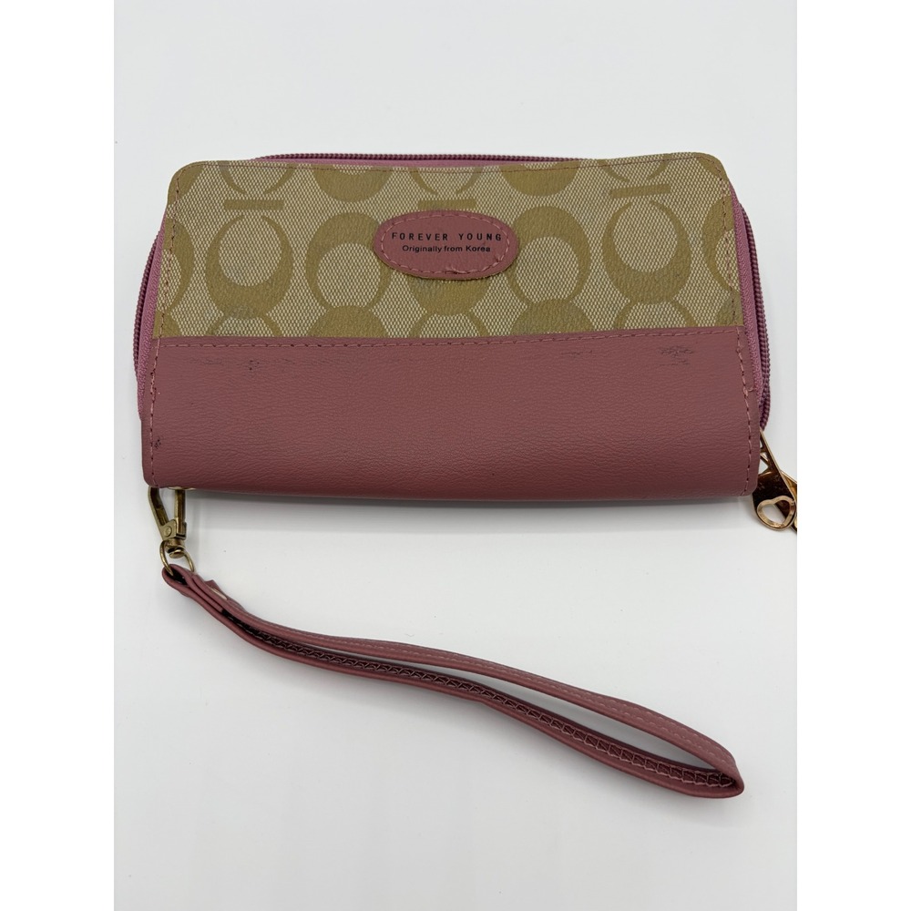 Forever Young Pink Monogram Double Zip Wristlet Wallet Organizer